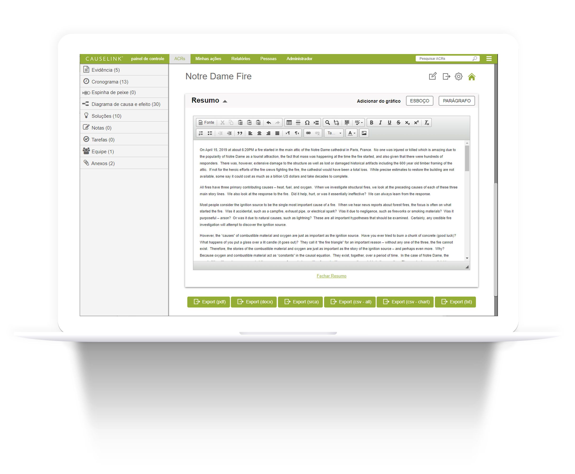 Compartilhe suas descobertas da ACR com exportação de PDF, DOCX ou CSV