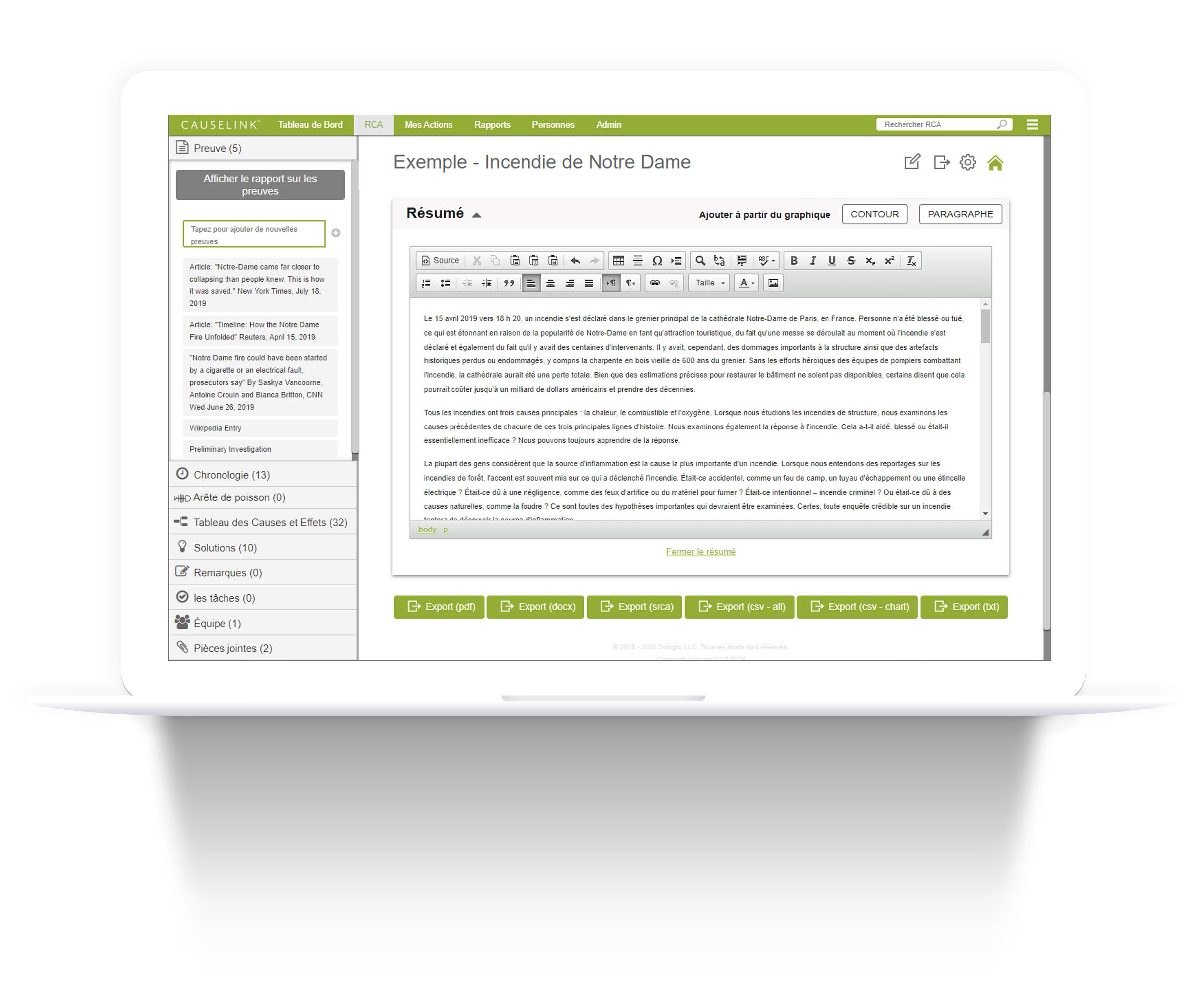 Partagez vos résultats RCA avec l'exportation PDF, DOCX ou CSV